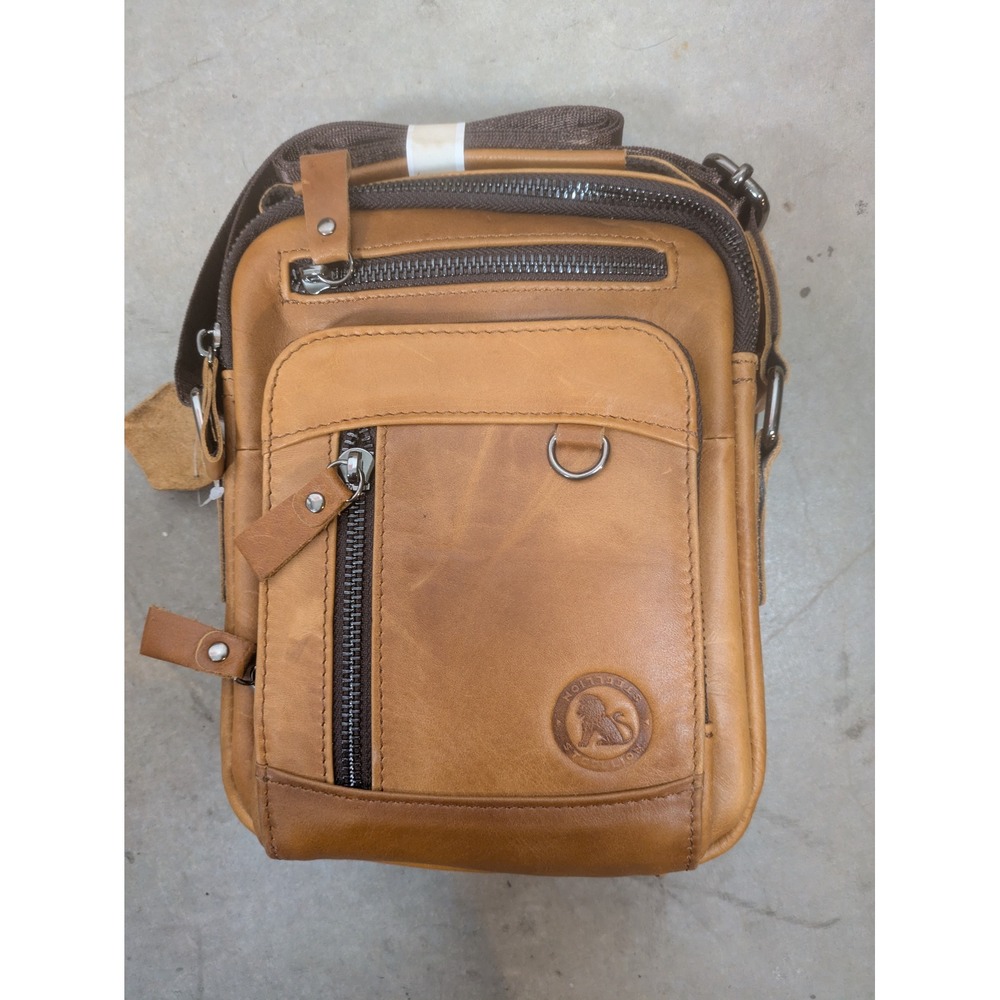 NEW Steel Lion Messenger Bag Men's Medium Tan Leather Multi-Zip Crossbody